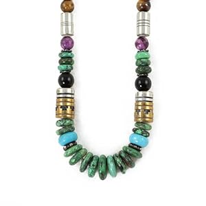 Southwestern Green Turquoise Gemstone Bead, Sterling Silver and Gold 30" Necklace by Native American Artist Tommy Singer, #7681