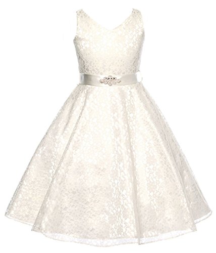 DressForLess Lovely Lace V-Neck Flower Girl Dress , Ivory, 8