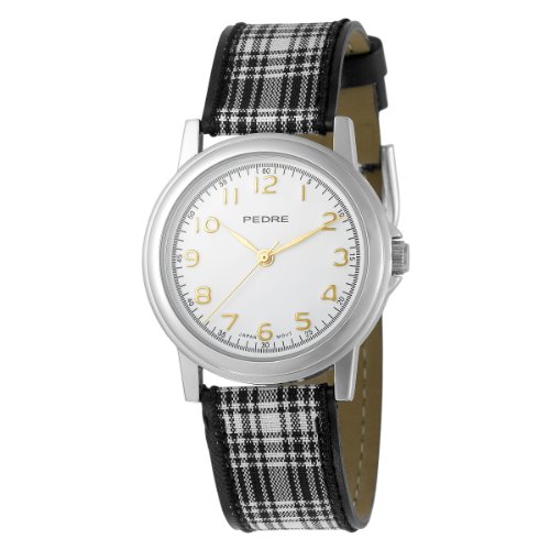 Pedre Women's 0231SX Silver-Tone/ Black-White Plaid Grosgrain Strap Watch