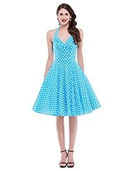 V-neck Cocktail Knee Length Halter Cotton Ruched Vintage Polka Dot Print Evening Dress/Homecoming Dress/Party Dress/Wedding Dress 