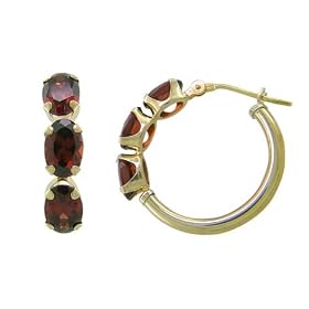 14k Yellow Gold Four Prong Snap 6x4mm Oval Garnet Hoop Earrings