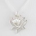 Open Design Lotus Flower Pendant in Sterling Silver with Pearl Beads on a 16" Bead Chain, #8356