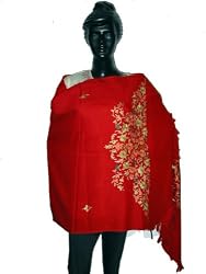 Gift For Women's -Red Color Wraps and Shawls Stole with Embroidery on Wool from Kashmir 72 x 28 inches Free Shipping