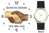 Black & White Handshake - Barack Obama - Yes We Can - President Barack Obama Commemorative - WATCHBUDDY&reg; DELUXE TWO-TONE THEME WATCH - Arabic Numbers - Black Leather Strap-Size-Women's Size-Small