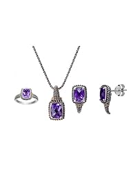 14k Gold and Sterling Silver Gemstone Checkerboard Ring, Earrings and Pendant Necklace Set