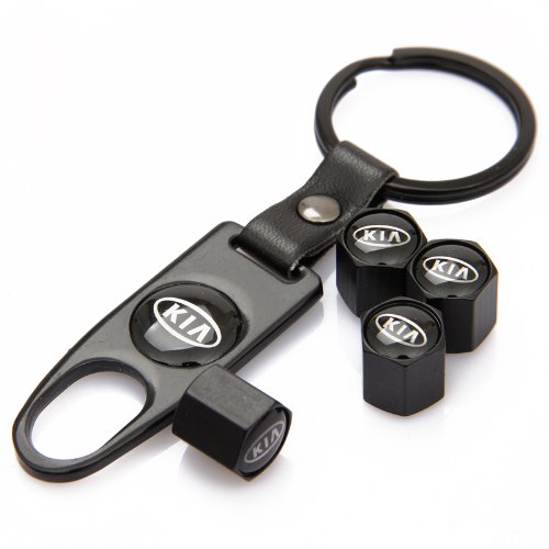 KIA Black Tire Stem Valve Caps and Black Keychain Combo Set