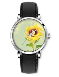 SPRAWL Aanalog Fashion Series Silver Ladies Watches of Genuine Black Leather Strap,Unique Wrist Watch for Women Girls Designed with Girl in Sunflower