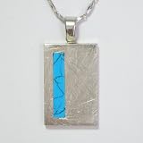 Blue Turquoise Rectangular Strip Silver Pendant w. Silver Chain Necklace
