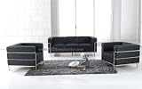 Elegant Modern Contemporary Le Corbusier Style Black Leather Sofa and Two Chairs Set