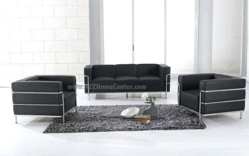 Elegant Modern Contemporary Le Corbusier Style Black Leather Sofa and Two Chairs Set