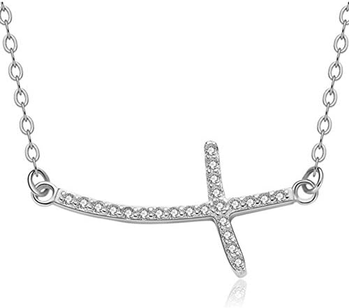 IDOLCO 925 Sterling Silver Sideways Curved Cross Pendant Necklace (White Gold Plated )