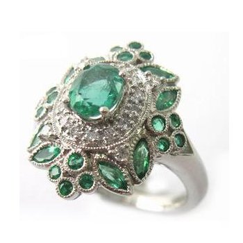 Platinum Emerald and Diamond Vintage Style Engagement Ring