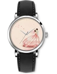 SPRAWL Aanalog Fashion Series Silver Ladies Watches of Genuine Black Leather Strap,Unique Wrist Watch for Women Girls Designed with Bride and bridegroom dress