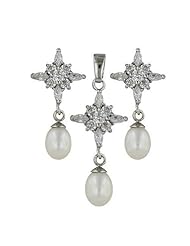 Sterling Silver Clear Color Cubic Zirconia Stone Star Bursting on Cross White Freshwater Pearl Dangling Pendant and Earrings Set 16 inches chain