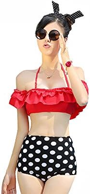 Sexy Vintage Red Layer Top High Waist Polka Dot Bikini Large Size