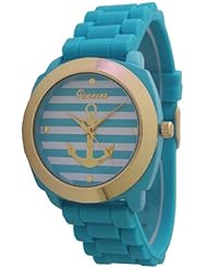 Womens Geneva Striped Anchor Style Silicone Watch - Blue