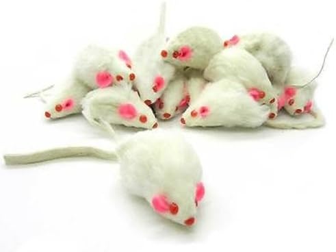 Real Rabbit Fur Mice White with Rattle 12 Pack/Rattle