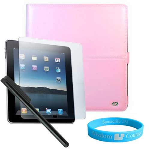 Pink Melrose Leather Case for Apple iPad + Anti- Glare Screen Protector + Black Stylus + Wisdom* Courage Wristband