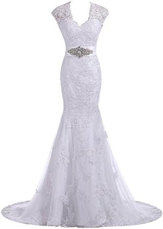 Weddinggirldress Women's V Neck Cap Sleeves Mermaid Wedding Dresses Lace White (US 26)