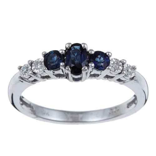 10k White Gold 3 Three Stone Genuine Blue Sapphire and Diamond Ring - size 5.5 10k White Gold 3 Three Stone Genuine Blue Sapphire and Diamond Ring - size 5.5