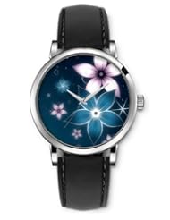 SPRAWL Aanalog Fashion Series Silver Ladies Watches of Genuine Black Leather Strap,Unique Wrist Watch for Women Girls Designed with Beautiful colorful flowers