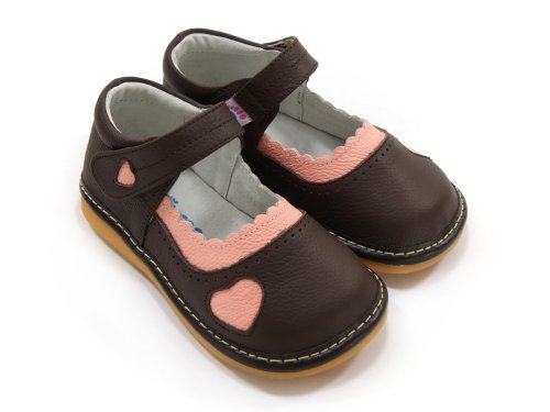 Girl Squeaky/Dress Shoes, Brown, Pink heart, Removable Squeaker (Toddler/kid/children)