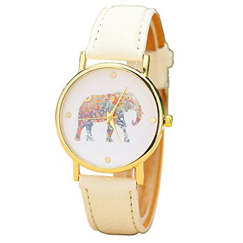 Ryanwayland Fashion Multi Color Flower Elephant Women's Leather Dress Watches Gold / White