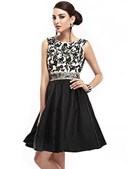 A-line Open-Back Lace Beaded Satin Natural   Waistline Short Sleeveless Scoop Neck Prom Dress 