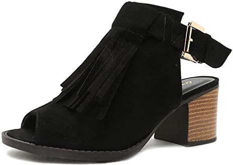 Qupid Dixie-02 Vegan Suede Stacked Heel Fringe Ankle Strap Sandal Booties