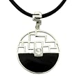 Sunrise Princess Cut Cubic Zirconia Centered Black Onyx Lattice Window Screen Sterling Silver Pendant Leather Necklace