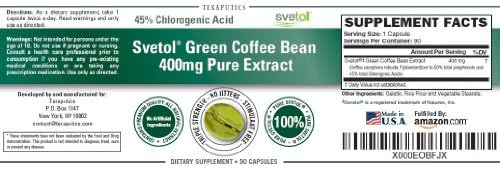 Teraputics SVETOL Green Coffee Bean Extract, 400mg, 90 Capsules, 100% Ultra Pure Clinically-Proven Svetol In Every Bottle