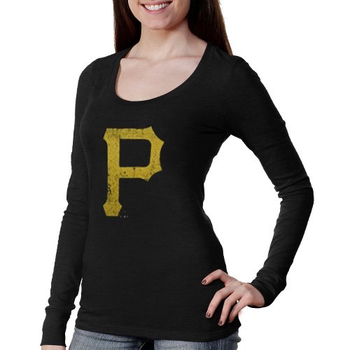 Majestic Threads Pittsburgh Pirates Ladies Scoop Premium Tri-Blend Premium Long Sleeve T-Shirt - Black (Small)