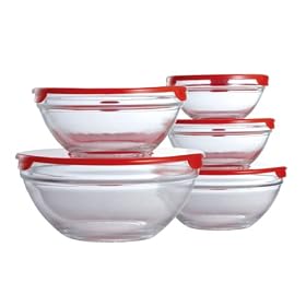 Premier Housewares Glass Storage Bowls with Red Lids, Set of 5