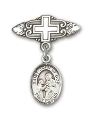 Sterling Silver Baby Badge with St. John of God Charm and Badge Pin with Cross