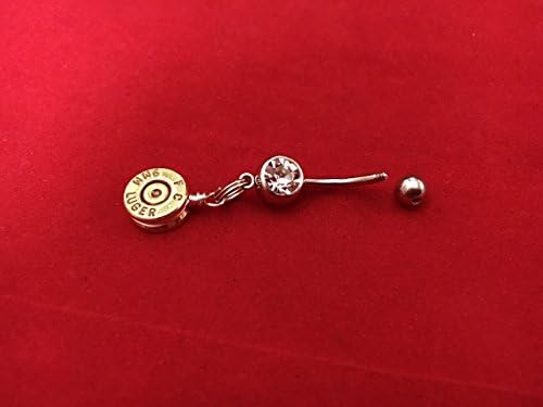 Belly Button Ring with Real Bullet Casing Pendant with Clear Rhinestone