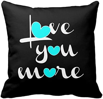 Love You More, White Aqua Hearts On Black Throw Pillowcase Cover 16 x 16