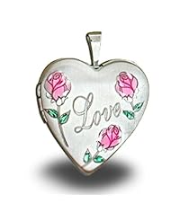 Sterling Silver Love Rose Heart Locket with Pink and Green Enamel 3/4 inch x 3/4 inch