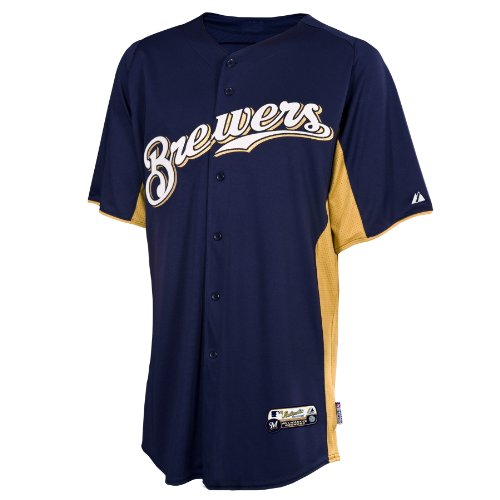 MLB Men's Milwaukee Brewers Short Sleeve Authentic Button Front Cool Base Batting Practice Jersey (Pro Navy/Pro Scarlet, Large)