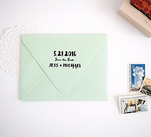 Brush Pen Calligraphy Wedding Save the Date Stamp with Custom Names &amp; Wedding Date