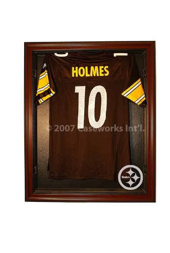 Pittsburgh Steelers Football Jersey Display Case Cabinet Style with Mahogany Finish Frame