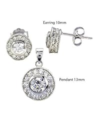 Designer Sterling Silver Pave Setting Grade AAA Round CZ Earrings & Pendant Set with Free 18 inch Cable Chain