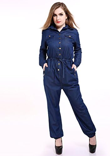 Really Love Women's Sexy Long Sleeve Full Length Plus Size Jumpsuits Denim Jumpsuits (US26W, dark blue denim)