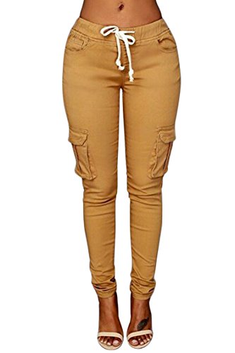 COCOLEGGINGS Womens Solid Color Stretch Pockets Drawstring Waistband Pants