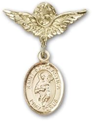 14K Gold Baby Badge with St. Scholastica Charm and Angel with Wings Badge Pin