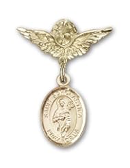 Gold Filled Baby Badge with St. Scholastica Charm and Angel with Wings Badge Pin