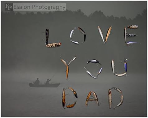 Love you Dad spelled out in fishing lures with boat on a lake in the fog gift Fathers day