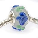 Murano Style Glass Lampwork Bumpy Bead Fits Pandora Milk White W/Blue Flowers 14mm (1)