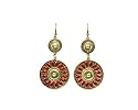 Antique Gold Medallion with Red Trim Dangling Earrings. Size: 1.5" (W), 4.25" (L).