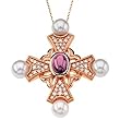 14K Rose Gold Pink Tourmaline, Pearl and Diamond Cross Pendant