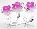 Three Rose Votive Silver Plated Candle Holders with Silver Leafs and Flowers Decorations, Metal and Pink Glass Candle Centerpiece